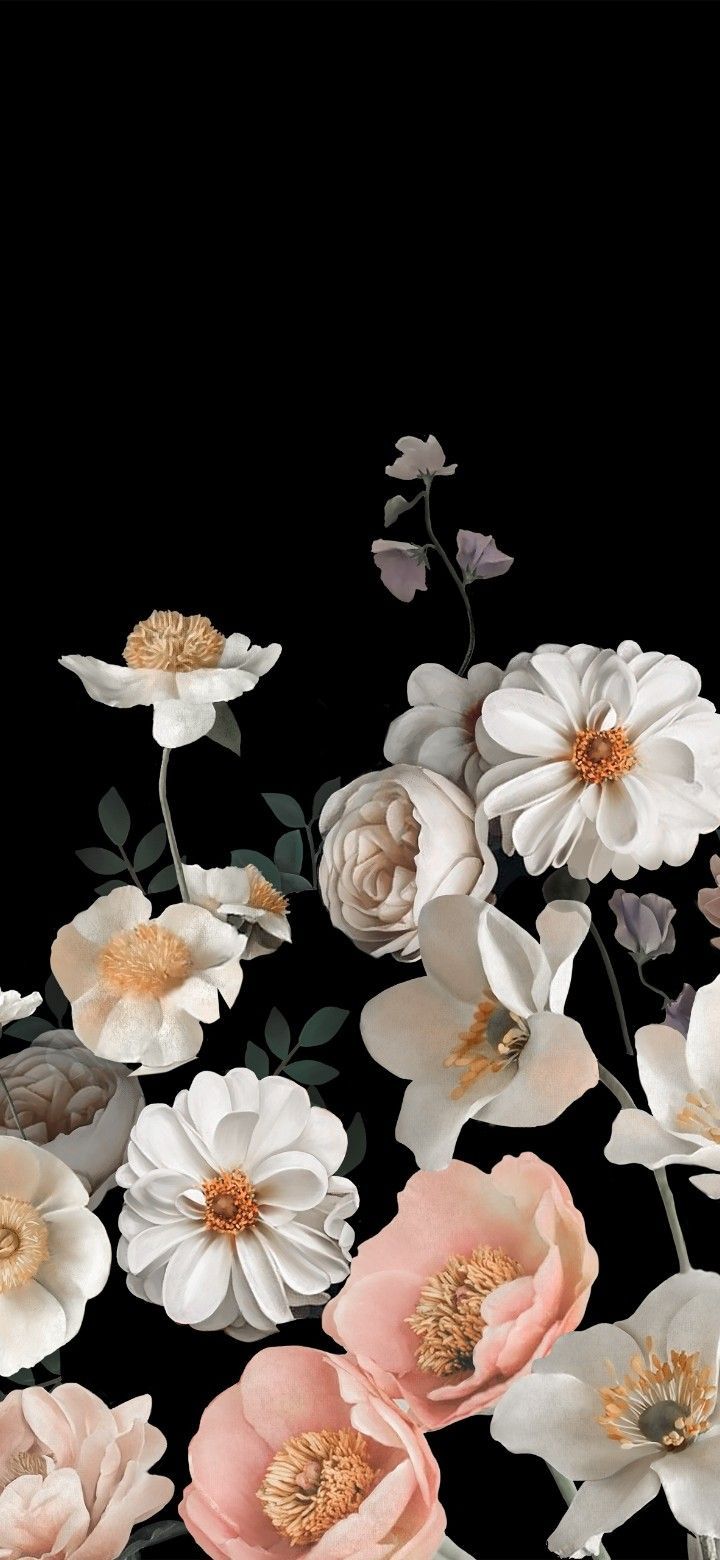 an arrangement of white and pink flowers against a black background