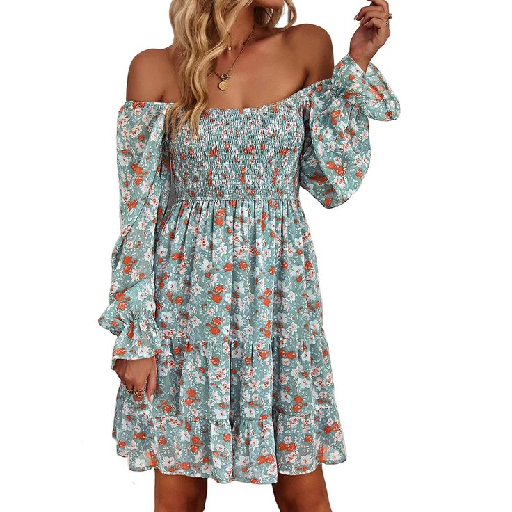 Turquoise Pleated Off Shoulder Floral Dress Casual Turquoise Floral Print Dress, Casual Flowy Turquoise Dress, Turquoise Flowy Dress For Spring, Flowy Turquoise Dress For Spring, Turquoise Mini Dress For Spring, Spring Turquoise Floral Print Dress, Turquoise Flowy Long Sleeve Dress, Chic Flowy Turquoise Dresses, Turquoise Fitted Casual Dress