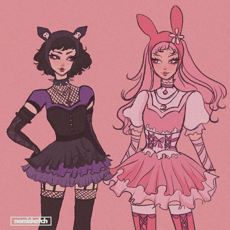 My melody and kuromi aesthetic Kuromi And My Melody Clothes, My Melody And Kuromi Outfit Aesthetic, Sanrio Outfits Kuromi, Kuromi Costume Halloween, Kuromi And My Melody Halloween Costumes, Melody And Kuromi Outfit, My Melody Costume Ideas, Kuromi And My Melody Outfits, My Melody Human Fanart