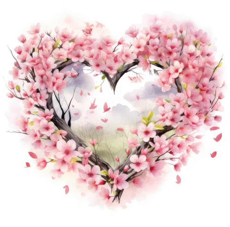 a heart shape made out of pink flowers and leaves on a white background with the sky in the background