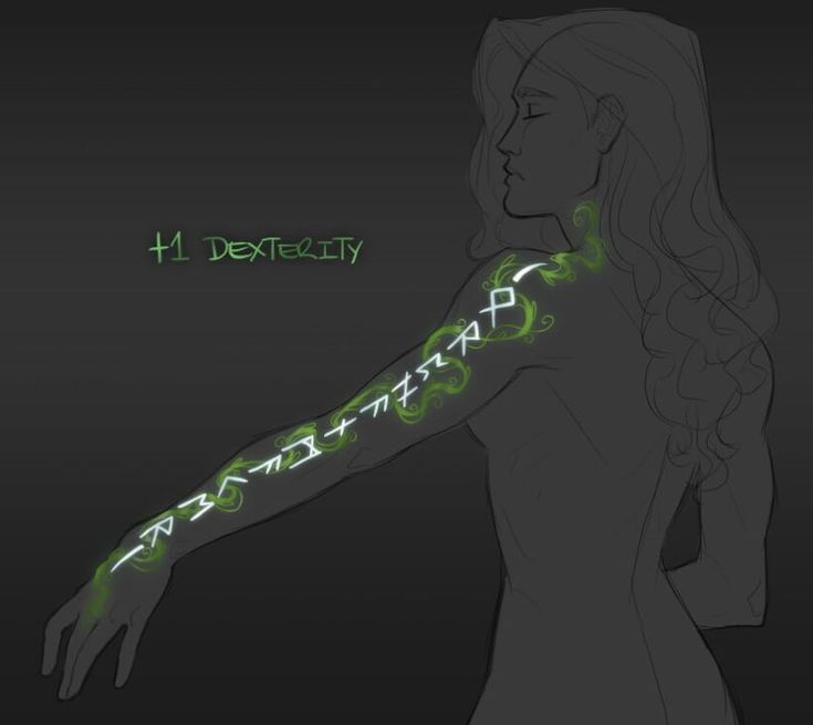 a drawing of a woman with long hair and green lettering on her arm that reads h reflexity