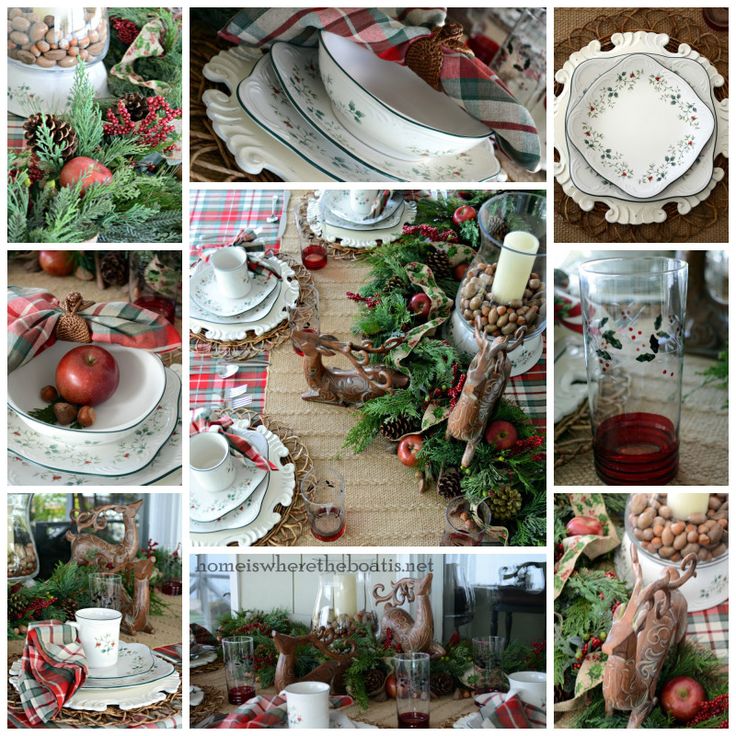 a collage of photos with christmas decorations and dishes