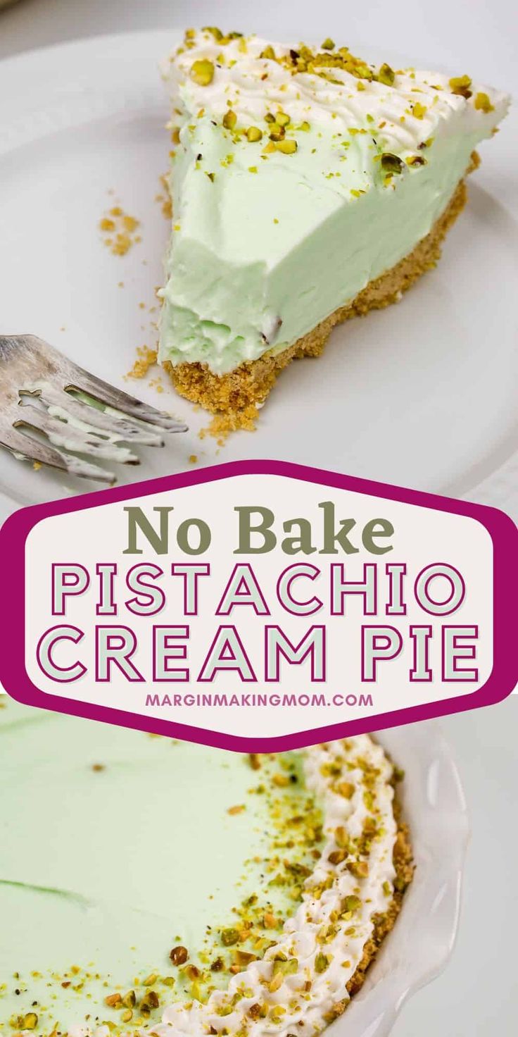 no bake pistachio cream pie on a white plate with a pink border