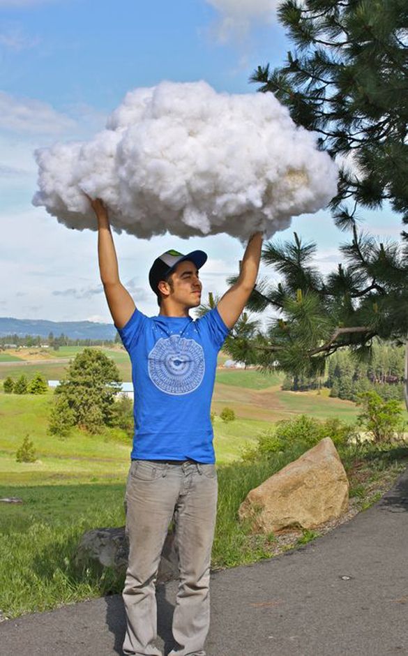 a collage of photos with cotton balls being thrown into the air and two men working on it