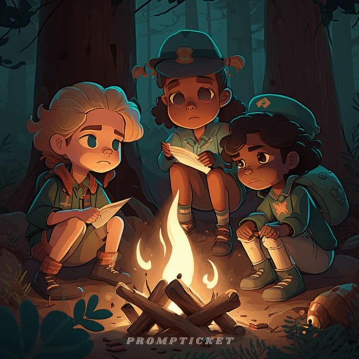 three children sitting around a campfire in the woods, reading books and looking at something