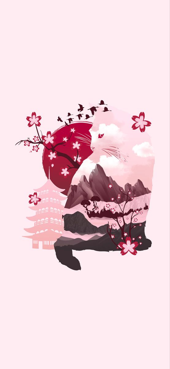 a pink background with flowers and mountains