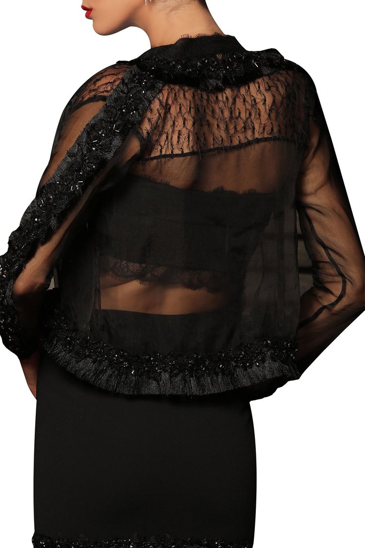 Black sheer jacket paired with cropped blouse enhanced with lace trim border. This set comes with embellished layered skirt.
Components: 3
Embroidered
Neckline: Jacket: Band collar
Sleeve Length: Jacket: Full
Lace trim detail 
 Front open jacket
 - Aza Fashions Elegant Evening Sets With Lace Work, Elegant Lace Work Party Set, Long Sleeve Sets With Lace Trim For Party, Long Sleeve Party Set With Lace Trim, Elegant Party Sets With Lace Work, Party Sets With Long Sleeve And Lace Trim, Black Organza Evening Set, Evening Sets With Sheer Sleeves And Fitted Design, Fitted Evening Sets With Sheer Sleeves