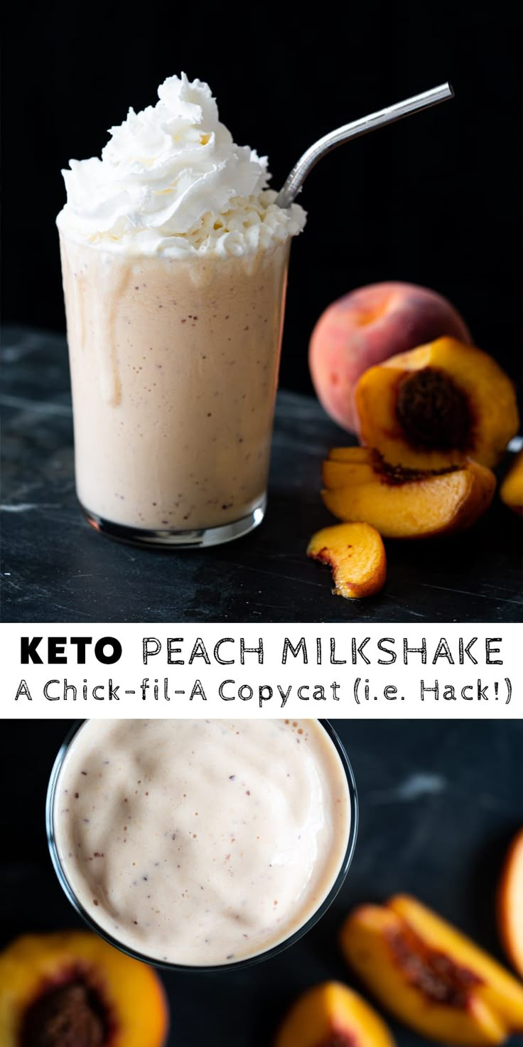 two pictures of peach milkshake with whipped cream and sliced peaches