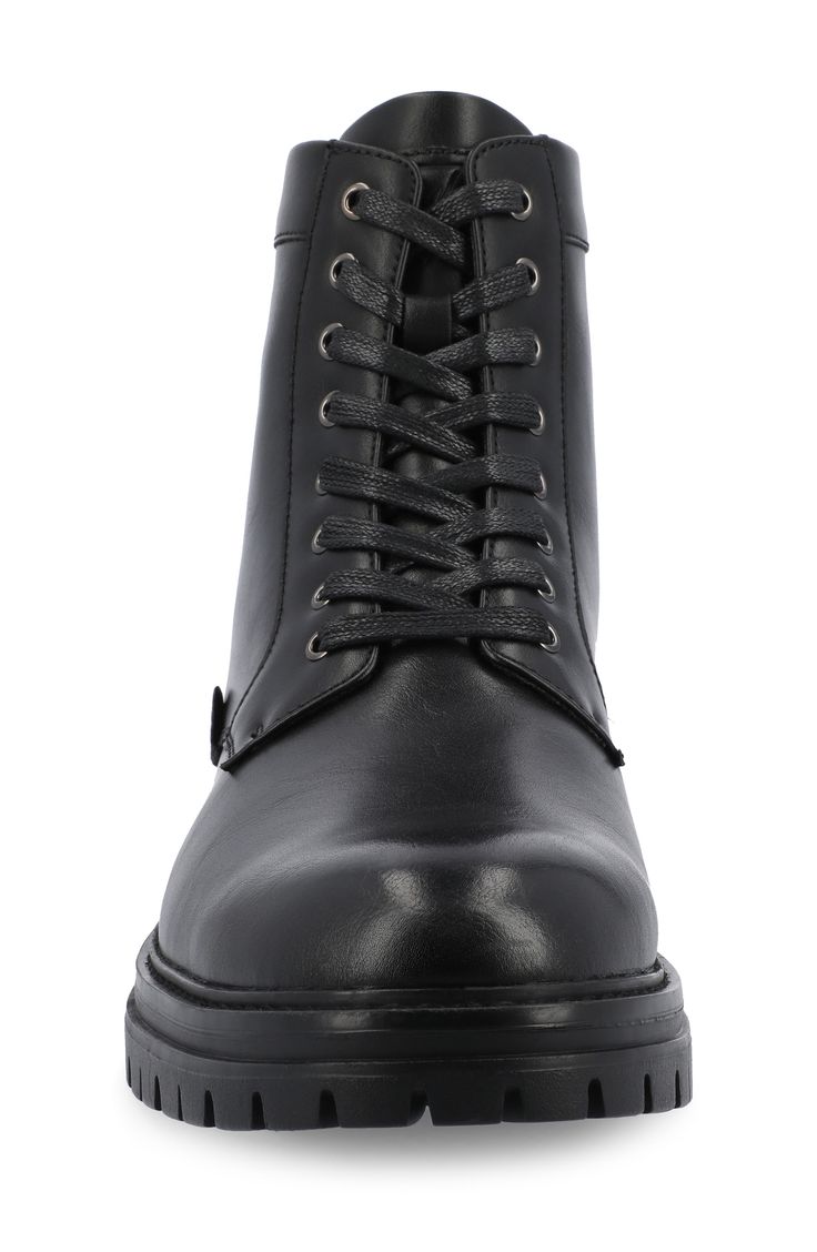 Elevate your work-to-weekend look in this refined faux-leather combat boot featuring breathable lining and a Tru Comfort Foam insole and a grippy lug sole. 1 1/4" heel 6" shaft; 10" calf circumference Synthetic upper/textile lining/rubber sole Imported Slip-resistant Leather Combat Boots For Streetwear, Rugged Black Slip-resistant Combat Boots, Black Leather Weatherproof Lace-up Boots, Rugged Black Work Boots With Lug Sole, Leather Slip-resistant Combat Boots For Streetwear, Rugged Black Combat Boots With Lug Sole, Black Weatherproof Combat Boots, Slip-resistant Leather High-top Combat Boots, Casual Black Slip-resistant Combat Boots