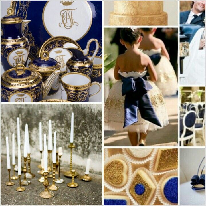 a collage of photos with gold and blue accents, including candles, plates, vases, and other decorative items