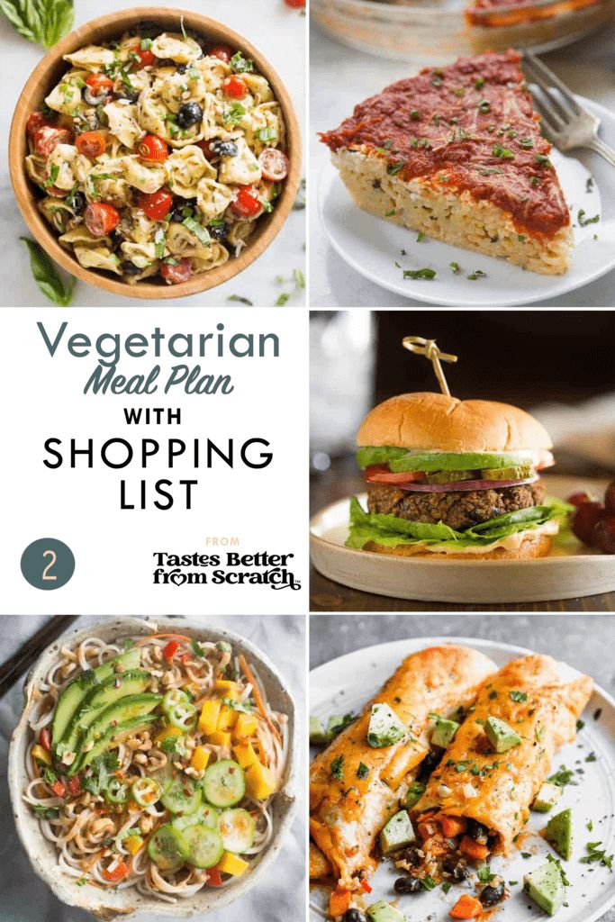 the vegetarian meal plan with shopping list is shown in four different pictures, including salads and