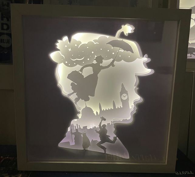 the silhouette of a child's head is projected in an illuminated shadow box on a table