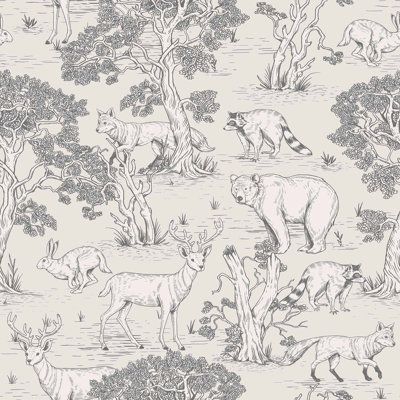 an animal themed wallpaper with animals and trees in black and white on a light grey background