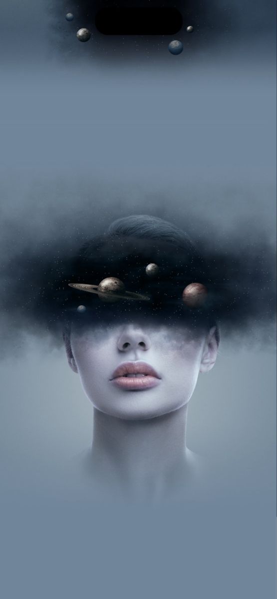 a woman's face with planets floating over her head