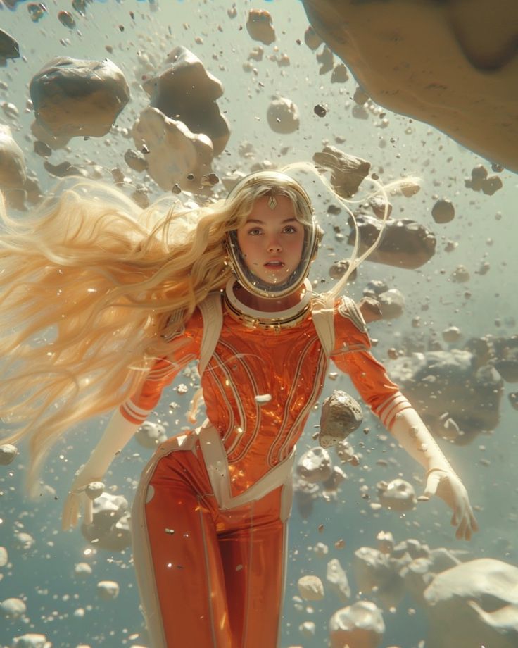 a woman in an orange space suit floating under water with rocks and pebbles on the ground