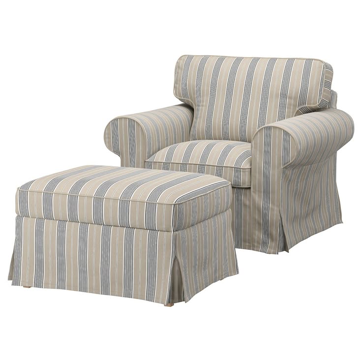 a striped chair and footstool sitting next to each other