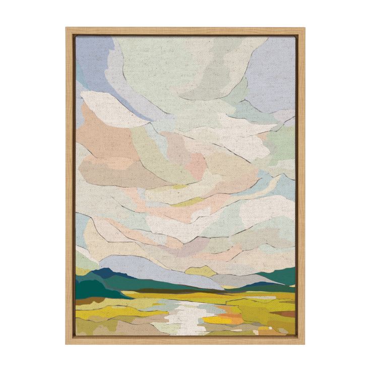 an abstract painting with clouds and water in the background, on a white wall above a wooden frame