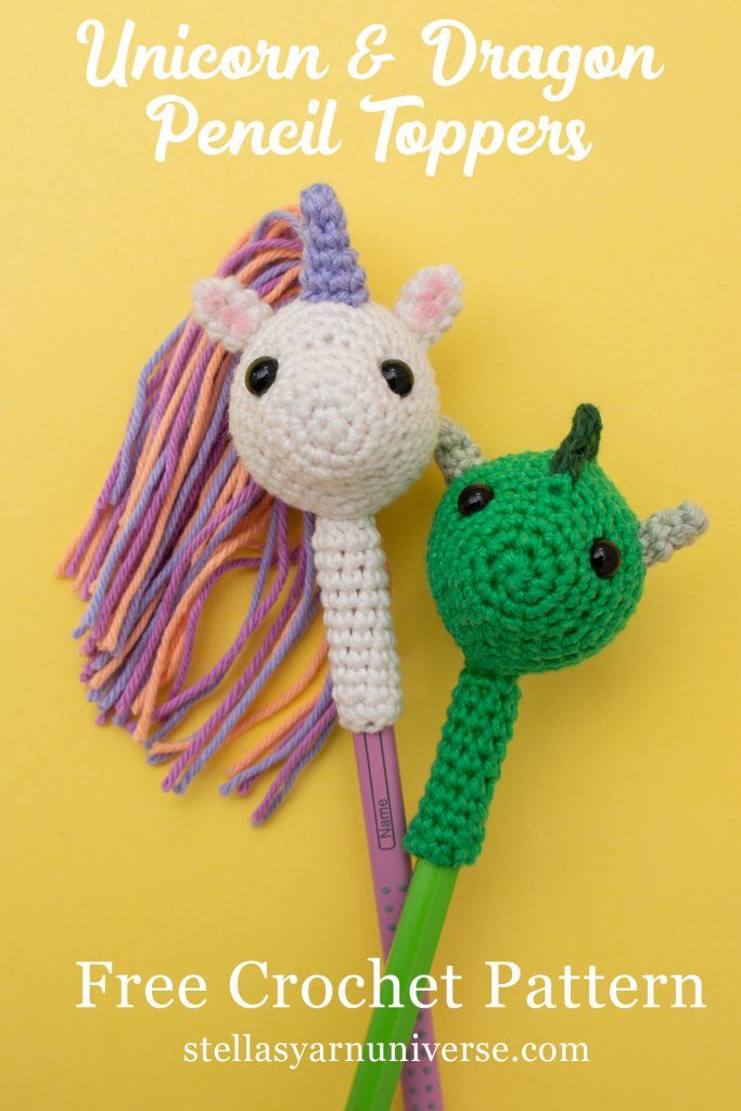 crochet unicorn and dragon pencil toppers on a yellow background with text overlay