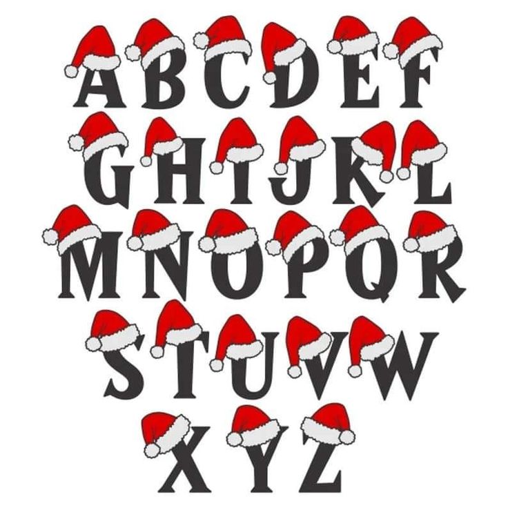 a set of letters with santa hats on them, all in the same font pattern