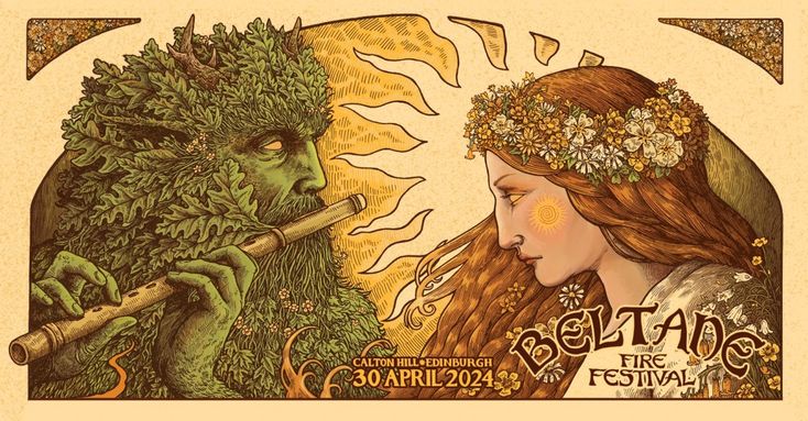 a drawing of a woman playing a flute next to a green creature with flowers in her hair