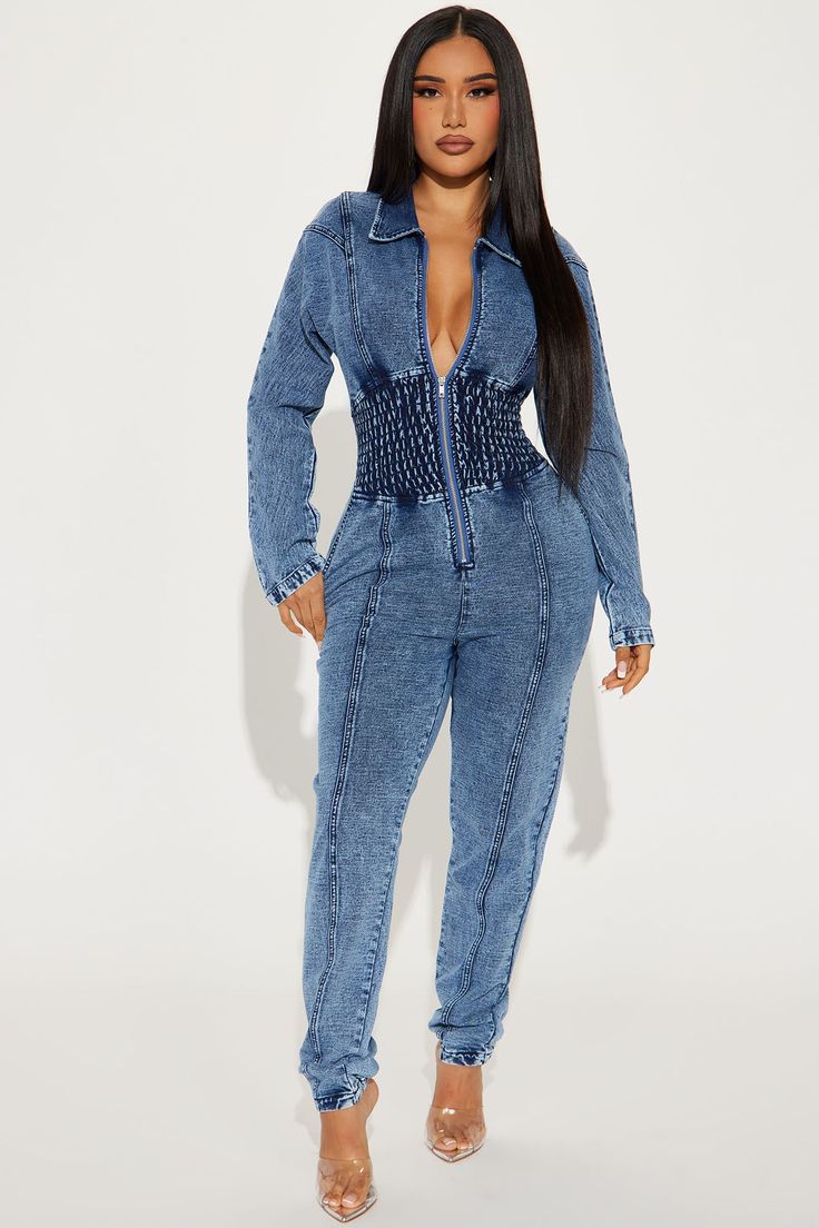 Available In Denim And Black. Denim Jumpsuit Collar Long Sleeve Front Zipper Pockets Jogger Stretch Disclaimer: Due To The Specialized Wash Process, Each Garment Is Unique. 95% Cotton 5% Spandex Imported | Not Too Late Denim Jumpsuit in Medium Wash by Fashion Nova Medium Wash Stretch Denim Jumpsuit, Stretch Denim Blue Denim Jumpsuit, Stretch Denim Blue Jumpsuit, Stretch Denim Jumpsuit In Denim Blue, Fitted Denim Blue Jumpsuit With Pockets, Stretch Blue Denim Jumpsuit, Fitted Denim Jumpsuit In Overall Style, Fitted Trendy Denim Jumpsuit Overall, Trendy Fitted Denim Jumpsuit