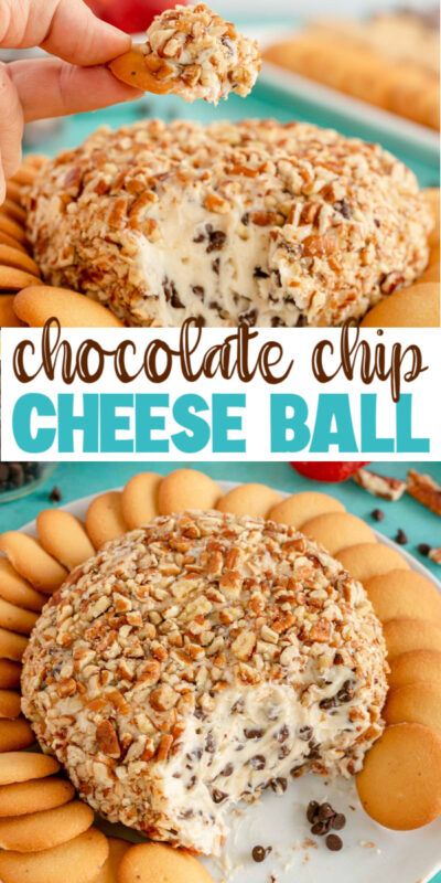 chocolate chip cheese ball on a plate with crackers