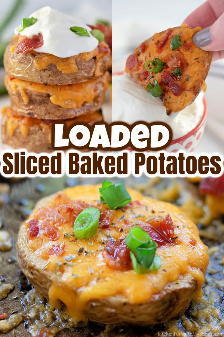 loaded baked potato cakes with cheese and bacon on top, topped with sour cream in the middle