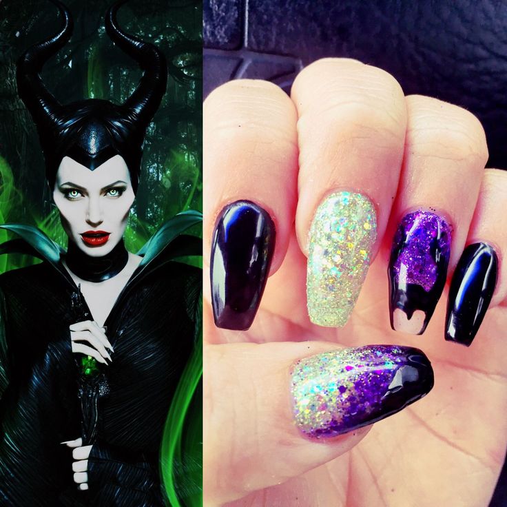 Maleficent Nails Designs, Descendants Nails, Maleficent Nails, Disney Princess Nails, Frozen Nails, White Toes Nail, Princess Nails, Disney Nail Art, Disney Nail