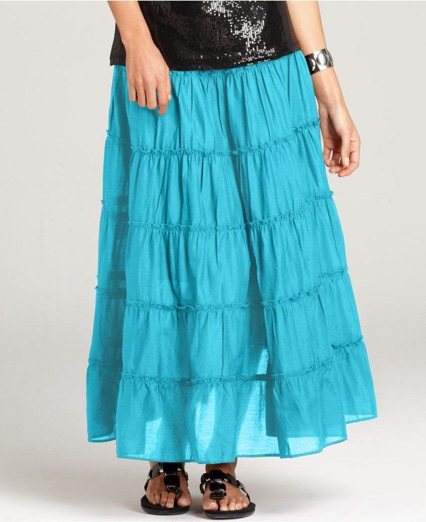 Caribbean Blue Tiered Maxi Skirt | Tiered-Skirt Blue Tiered Skirt With Lining, Blue Lined Tiered Skirt, Blue Tiered Lined Skirt, Blue Tiered Skirt For Summer, Casual Blue Tiered Bottoms, Spring Flowy Turquoise Skirt, Blue Tiered Gathered Skirt, Spring Turquoise Flowy Skirt, Blue Bohemian Tiered Bottoms