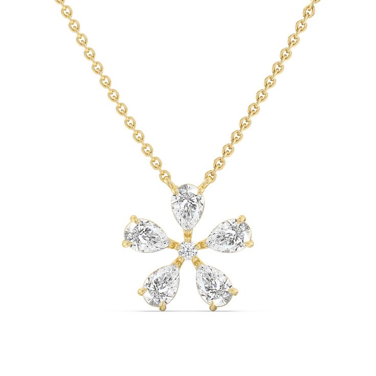 The Periwinkle Necklace is delicately beautiful. Its pendant bears the pinwheel-like look of its namesake, with radially symmetrical and meticulously positioned pear-cut diamond petals. The luxe bloom evokes a sense of nostalgia, bringing to mind warm memories and serving as a notice of the passage of time. Passage Of Time, Pear Cut Diamond, Pear Cut, Pear Shaped, Round Diamonds, Nature Inspiration, Pear, Bears, Lab