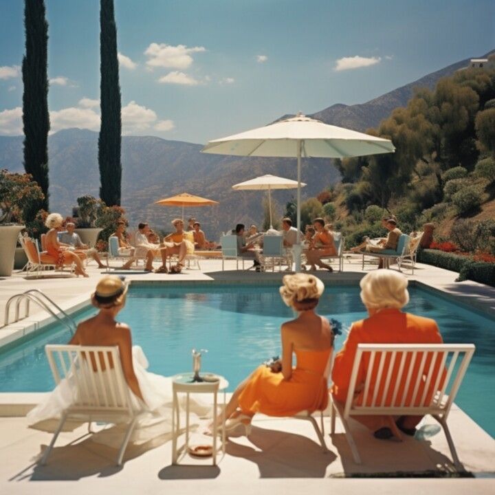 two women sitting on lawn chairs next to a swimming pool