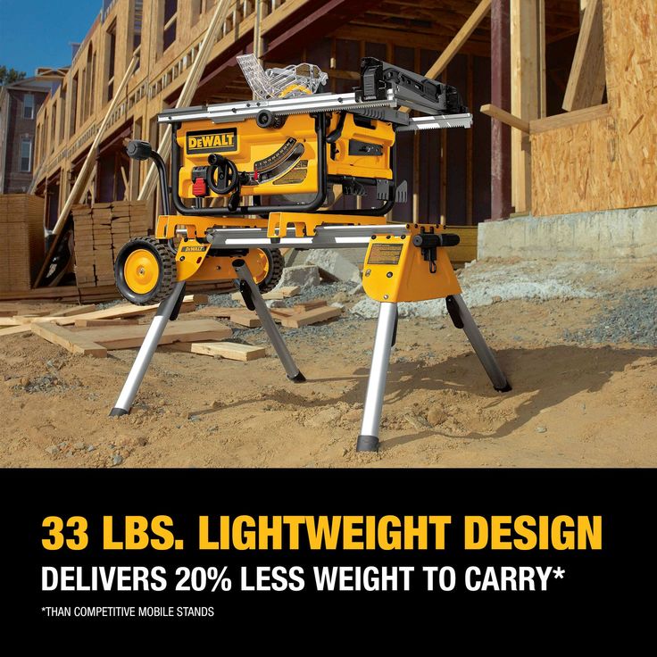 The DEWALT® DW7440RS Rolling Table Saw Stand has a lightweight design, weighing only 33 lbs. The heavy-duty kickstand allows the stand to balance upright for mobility and storage. Folding legs with quick release levers collapse under the stand, minimizing overall size for transport and storage. The retractable soft grip handle allows the user to pull the stand behind them comfortably with the weight of the saw near the ground. The quick connect stand brackets attached to the saw for easy detachm Saw Blade Table Top, Ryobi Table Saw Dust Collector, Push Sticks For Table Saw Plans, Table Saw Accessories Storage, Table Saw Sawdust Collection, Dewalt Table Saw Stand, Jobsite Table Saw, Table Saw Stand, Rolling Table