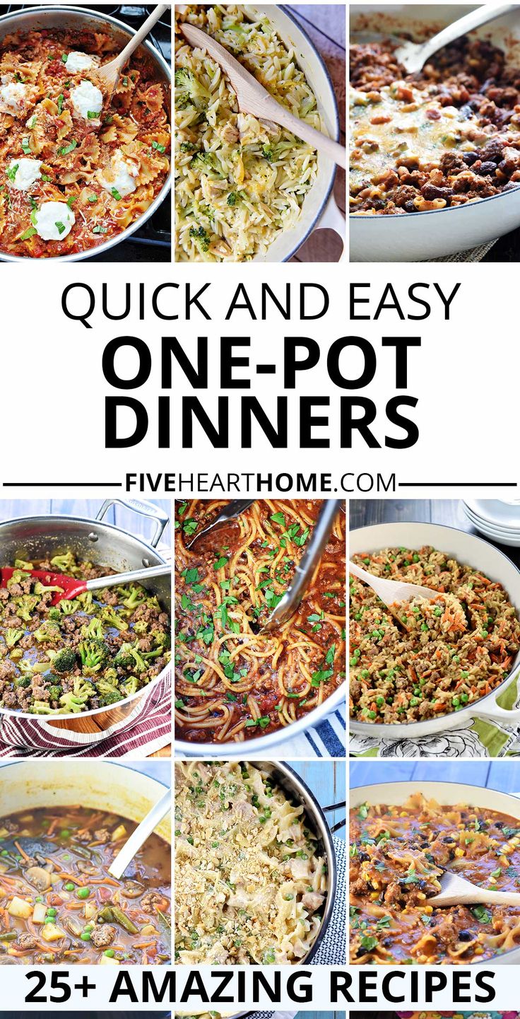 Quick and Easy One Pot Meals collage showing a variety of one pot dinners. One Pot Quick Meals Easy Dinners, Easy Weeknight Dinners With Rice, Cheap One Pot Dinners, One Pot Dinner Recipes For Family, One Pot Quick Meals, One Pot Comfort Food Recipes, Quick And Easy One Pot Dinner Recipes, Simple One Pot Meals Easy Dinners, Fast One Pot Meals