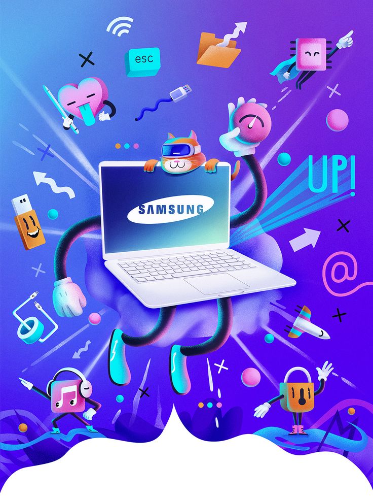 an advertisement for samsung's upcoming smartphone phone and laptop computer, with colorful images surrounding it