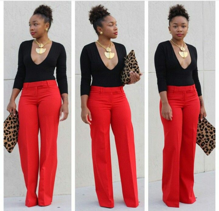 Obviously with a covered up blouse Outfits With Red Pants, Bootcut Pants Outfit, Outfits With Red, Red Pants Outfit, Pants Ideas, Fluffy Skirt, Earthy Colours, Wideleg Pants, Professional Wardrobe