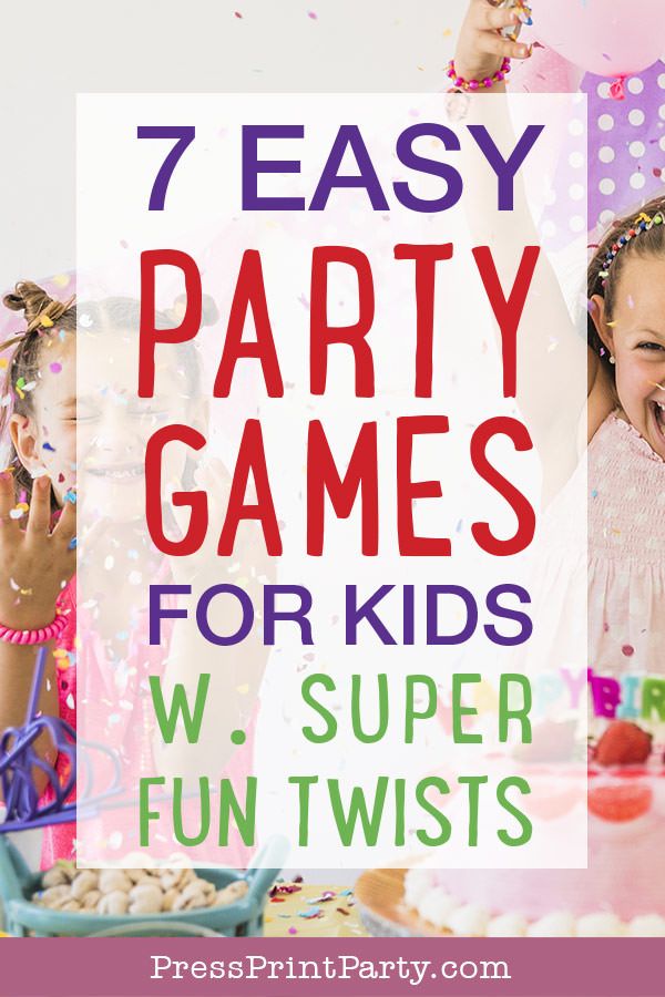 kids at a party with balloons and confetti in the background text reads 7 easy party games for kids w / super fun twists