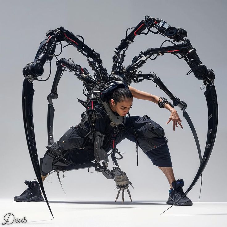 a woman in black pants standing next to a giant spider like structure with legs and arms