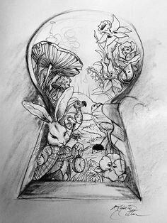 a pencil drawing of a keyhole with flowers inside