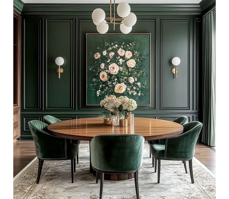 an elegant dining room with green walls and wooden table surrounded by chairs, artwork on the wall