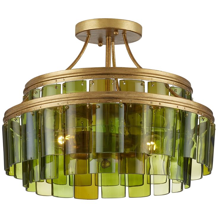 a chandelier with green and yellow glass shades hanging from it's ceiling