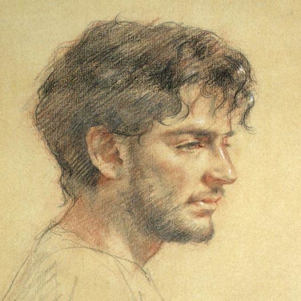 a pencil drawing of a man's head and shoulders