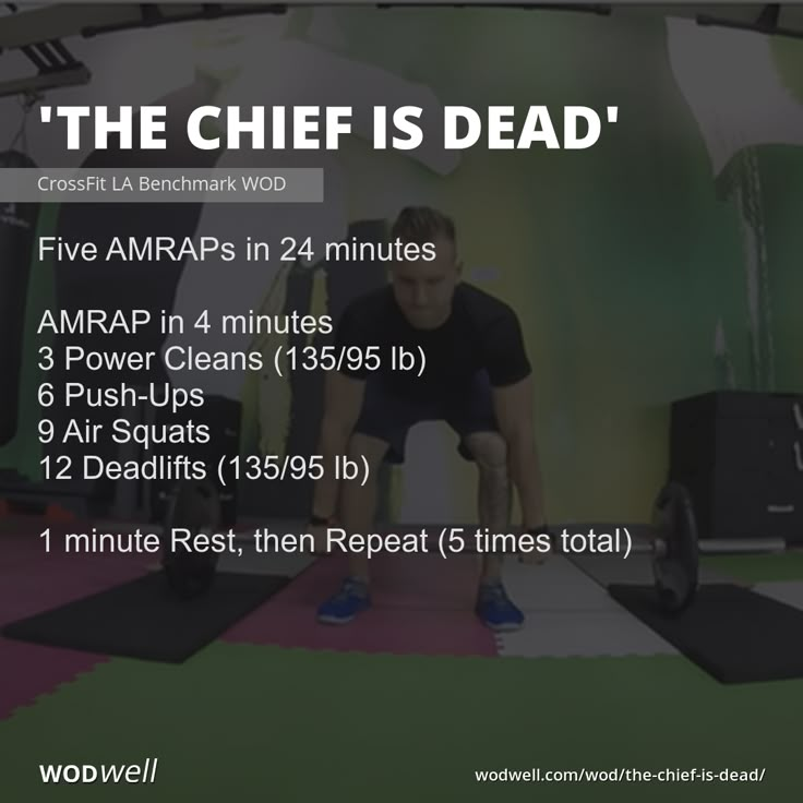 Score is total rounds and reps completed in all 5 AMRAP cycles. “The Chief is Dead” is a benchmark WOD based on the popular CrossFit Hero WOD, “The Chief.” The movements and the interval style are similar but this version adds 12 deadlifts (“deads,” hence the name) per round and a full extra minute per AMRAP cycle. Amrap Crossfit Workouts, Crossfit Amrap Workout, Crossfit Benchmark Workouts, Benchmark Wods Crossfit, Deadlift Wod Crossfit, Hero Crossfit Workouts, Full Body Wod Crossfit, Crossfit Hero Wod, Kettlebell Wod Crossfit