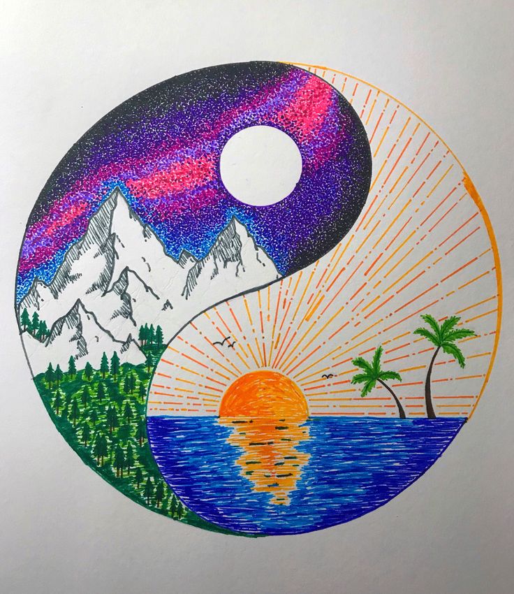 a drawing of the sun, mountains and trees on a white paper with colored pencils