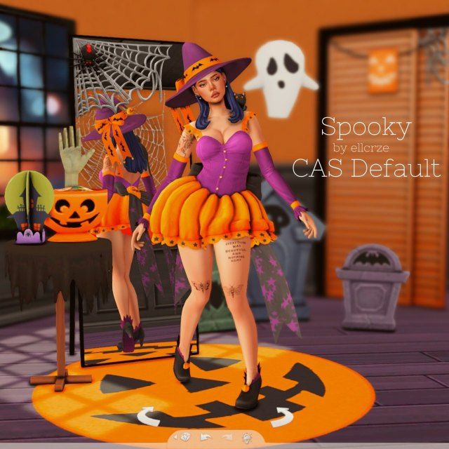 a woman dressed up as a witch in front of a halloween themed room with pumpkins