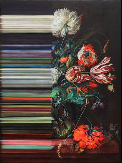 a painting of flowers in a vase on a table with multicolored lines behind it