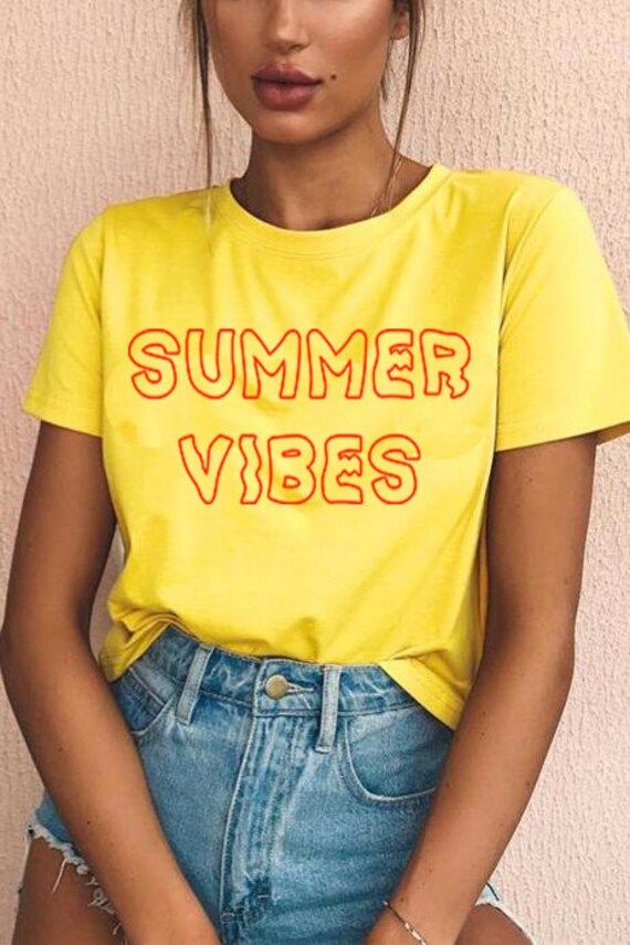 "Summer Vibes T-shirt Chick Outfit Teen Aesthetic Tumbrl Hipster Grunge Tee AVAILABLE SIZES: S,M,L,XL,2XL,3XL COLOR: WHITE, SUNFLOWER, HEATHER GREY CONDITION: BRAND NEW T-SHIRT SPECS : 100% high quality pre-shrunk cotton (165 g/m2) jersey). Taped neck and shoulders, twin needle stitching, seamless collar. PRINT: Highest quality print - not cheap \"iron-on\" transfers! MEASUREMENTS : width - armpit to armpit ; length - the body length is measured in a straight line from the highest point of the s Chick Outfit, Tumblr Hipster, Grunge Tee, Tokyo Street Fashion, Hipster Grunge, Tumblr Outfits, New Rock, Yellow T Shirt, Tee Outfit