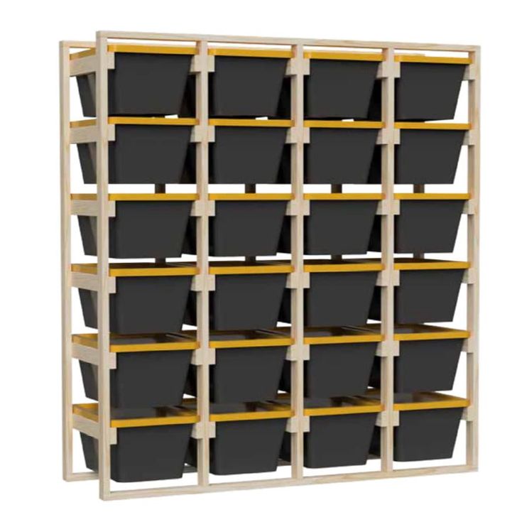 a shelving unit with many black baskets on the bottom and yellow shelves below it