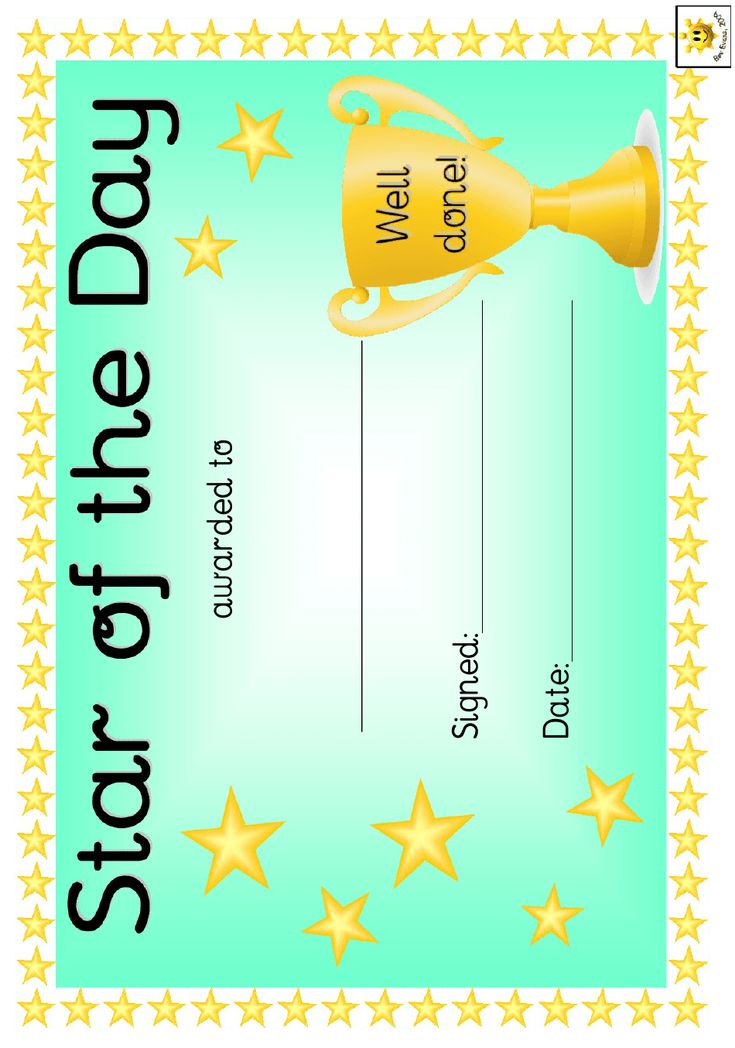 a certificate with stars around it and a golden trophy on top of the award ribbon