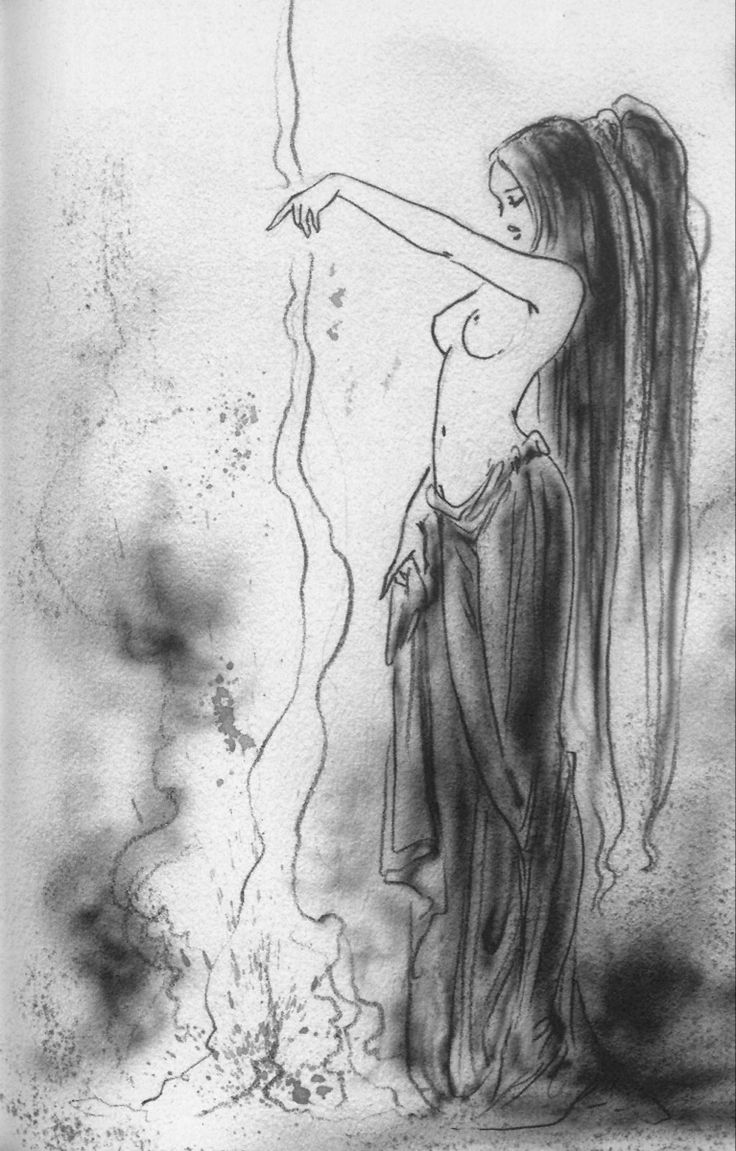 a black and white drawing of a woman with long hair standing in front of a fire