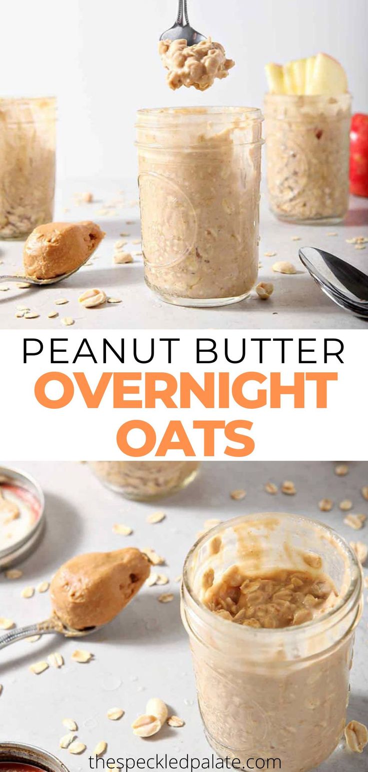 peanut butter overnight oats in jars with spoons